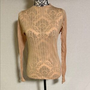 Vince Women’s Rib Cotton Long Sleeve Funnel Neck Sheer Top Color Tawny Peach NWT